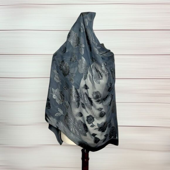 Large Square Gray Sheer Chiffon Shiny Special Cut Flowers Scarf Shawl - Picture 4 of 8